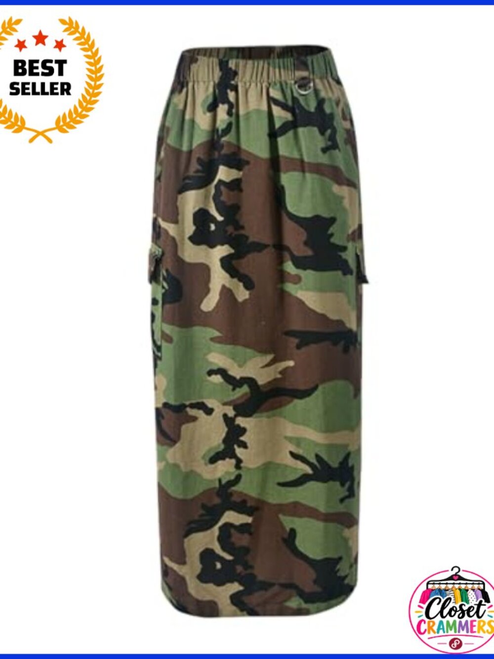Womens Camo Cargo Maxi Skirt High Waist Elastic Waistband Cotton